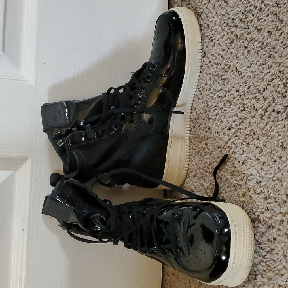 Nike SF Air Force 1 Sneaker. Black Patent Forces. Ruby Rose Black. AJ0963